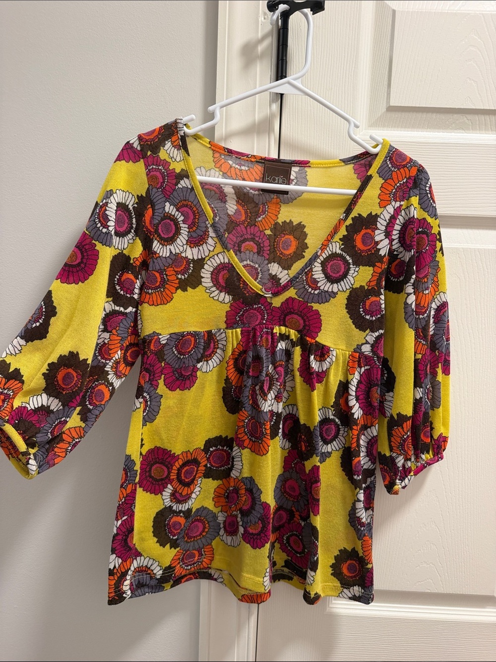Karlie Yellow Floral V-Neck Peasant Tunic with Pink and Orange Accents